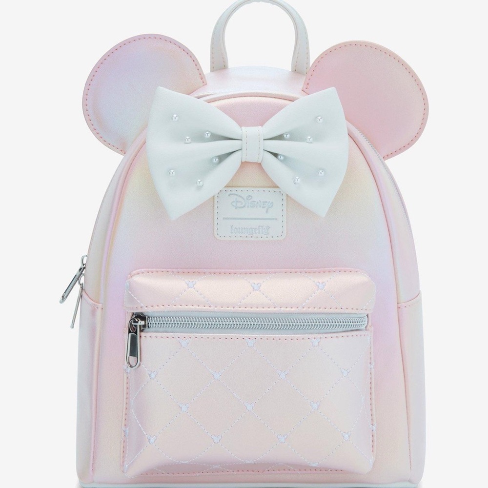 Loungefly Disney Minnie Mouse Pastel Pink Pearl Backpack with White Bow